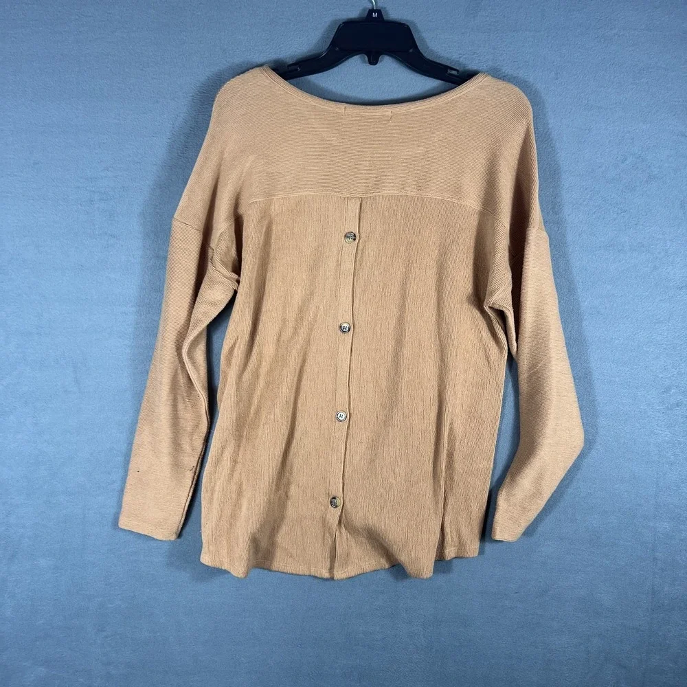 Women's Tan Ribbed Knit Pullover Sweater M Button Back Long Sleeve Casual Top